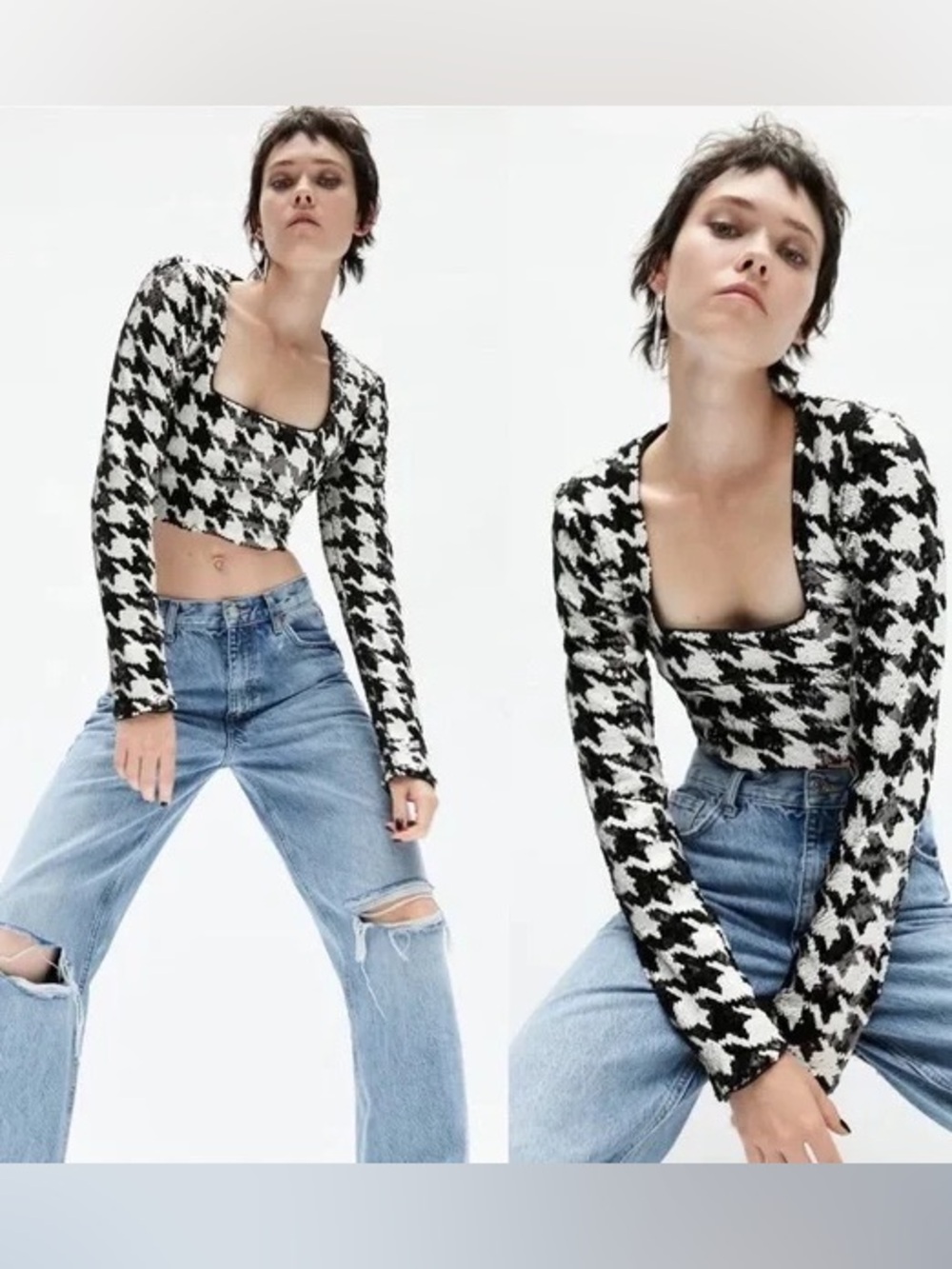 Zara Black & White Houndstooth Crop Top in Sz: M